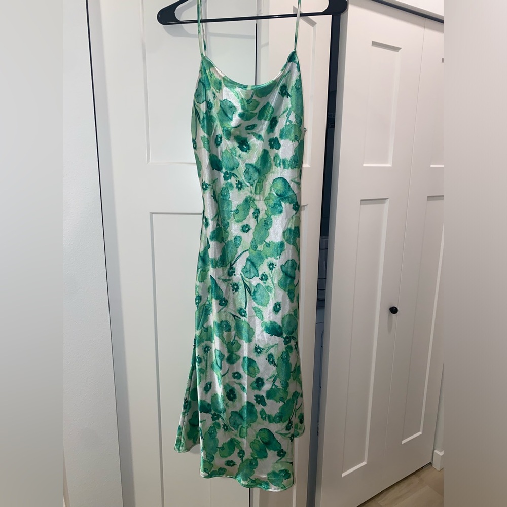 Mistyrose large green & white satin dress